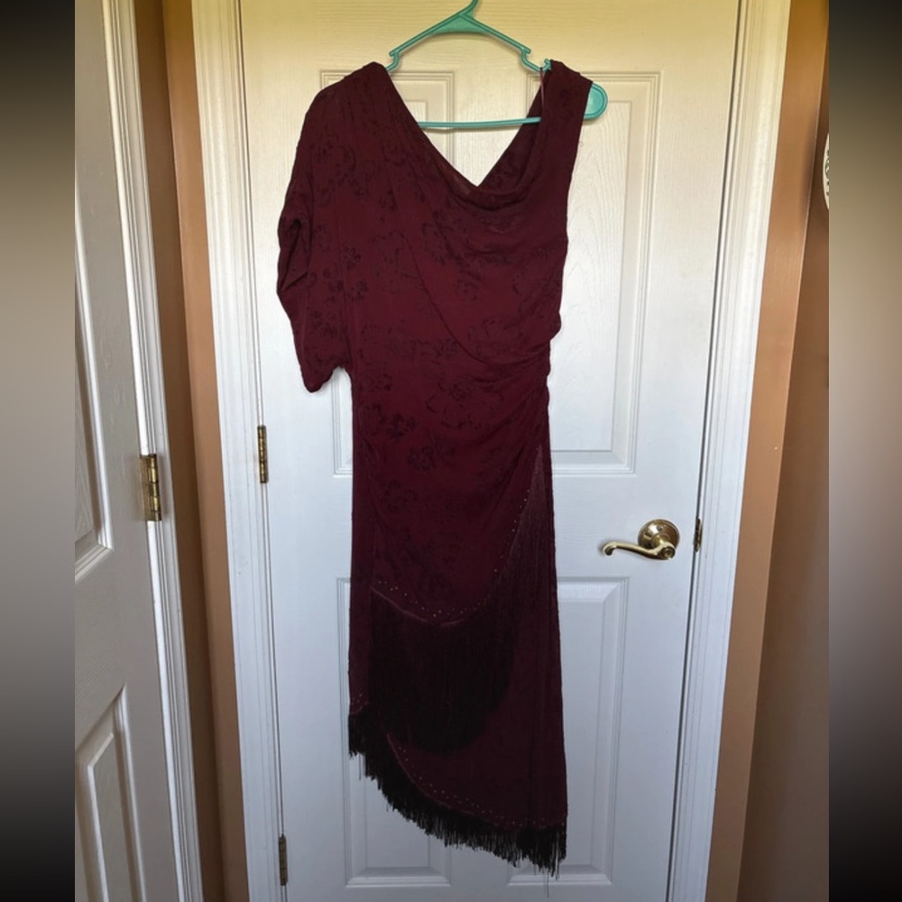 Zara Burgundy One-Shoulder Fringe Evening Dress